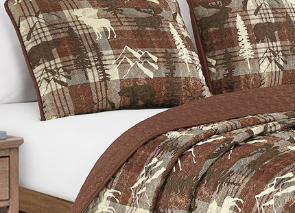 3 Pcs Rustic Cabin Quilt Set Moose and Bear Bedspread(Burgundy,King)