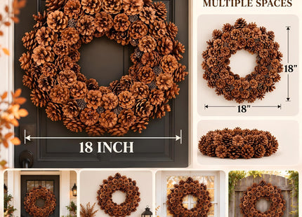 Huashen 18 Inch Fall Wreath for Front Door Full Artificial Pinecone Wreath