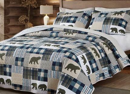UMCHORD Queen Quilt Bedding Set, Cabin Bear Quilt, Queen Size, Green