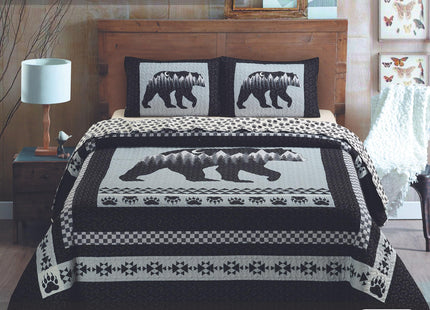 Virah Bella Moon Bear 3-Piece Full/Queen Quilt Set - 90"x90" Reversible Silhouette Cabin Bedding with 2 Standard Pillow Shams - Rustic Lodge Black Bear Paw Print Woodland Mountain Coverlet