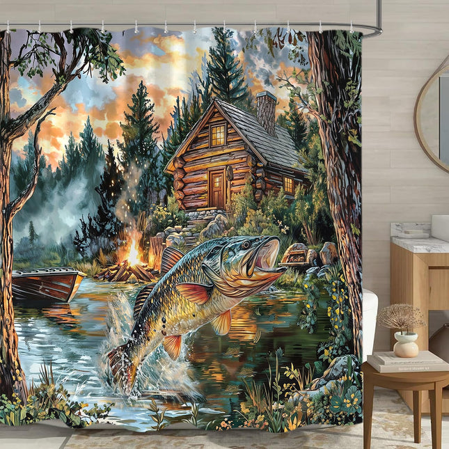 Sanzugh Rustic Cabin Fish Shower Curtain, Country Lake Bass Fishing Fabric Shower Curtains Set for Men Bathroom Decorative with Hooks 72X72 Inch Camo Mountain Forest Hunting Bath Decor