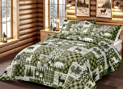 3 Piece Cabin Full/Queen Quilt Sets Farmhouse Rustic Reversible Microfiber Soft Lightweight Bedspread Comforter with 2 Shams Patchwork Country Lodge Bedding Quilts Set for All Season, 90''x96'', Green