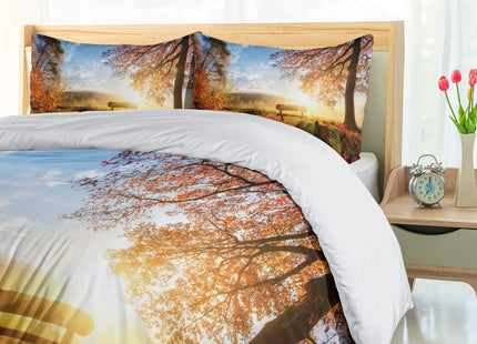 Ambesonne Forest Duvet Cover Set, Autumn Landscape The Sun Warmly on a Bench Under Tree Scene Holiday, Decorative 3 Piece Bedding Set with 2 Pillow Shams, King Size, Orange Blue