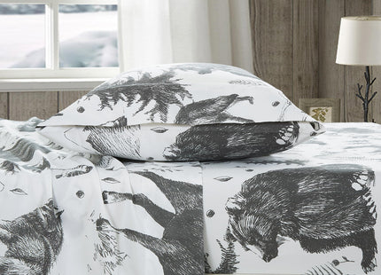 Chezmoi Collection 3-Piece Lodge Sheet Set Twin XL Size - White Gray Black Grizzly Bear Wolves Moose Pine Tree Mountain Printed Brushed Microfiber Lightweight Breathable Deep Pocket Bed Sheets