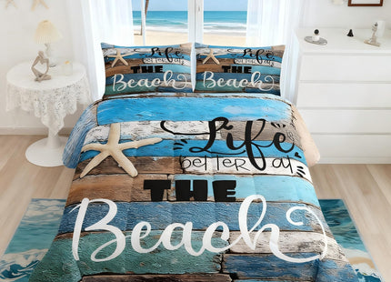 Castle Fairy Beach Life Comforter Set Queen Size,Blue Farmhouse Wooden Bedding Set for Kids Boys Girls Adults Room Decor,Hawaiian Ocean Quilt Set Starfish Sea Life Duvet Insert,2 Pillowcases