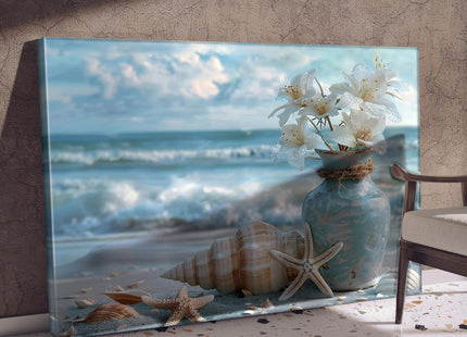 Blue Ocean Beach Bathroom Canvas Wall Art Starfish with White Flower Coastal Picture Wall Decor Seascape Poster Seaside Seashell Painting Print Artwork for Living Room Bedroom Restroom, Framed