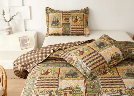 3 Piece Lodge Quilt Set King,Farmhouse Cabin Bedspread Coverlet,Rural Life Rustic Country Home Decor Bedding Set Blanket Grizzly Bears Boho Stripe Patterns Bed Set Bedroom Decoration for All Season