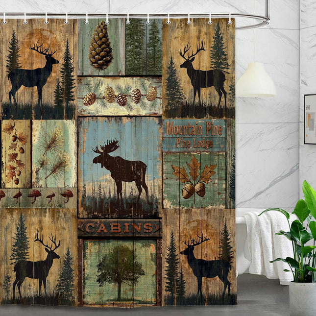 Bzhilja Rustic Cabin Shower Curtain for Bathroom, Vintage Country Antique Bear Moose Forest Wood Decor, Hunting Camping Shower Curtain Set with Hooks,69X78