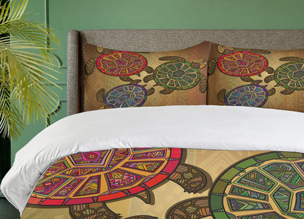 Ambesonne Turtle Duvet Cover Set, 3 Ocean Turtles Ethic Style Animals Geometric Vibrant Ocean Theme Artwork Print, Decorative 3 Piece Bedding Set with 2 Pillow Shams, Queen Size, Brown Green
