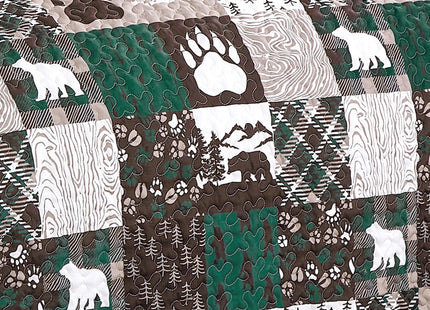 3 Pcs Rustic Cabin Quilt Set Bear Paw Patchwork Lodge Bedding, Brown, Queen
