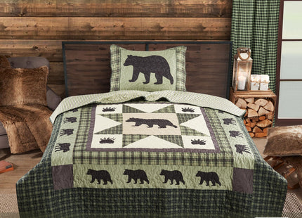 Virah Bella Bear Star 2 Piece Twin Quilt Bedding Set, Rustic Cabin Forest Plaid Country Comforter with 1 Matching Standard Pillow Sham, Soft Lightweight Bedspread for All Season Comfort, Sage Green