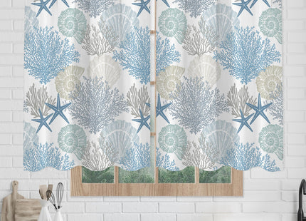 Coastal Starfish Coral Kitchen Curtains Sets for Windows Over Sink Nautical Beach Seashell Short Curtain for Small Bathroom Window Spring Summer Half Treatment Tier Drapes for Bedroom 26x24 Inch