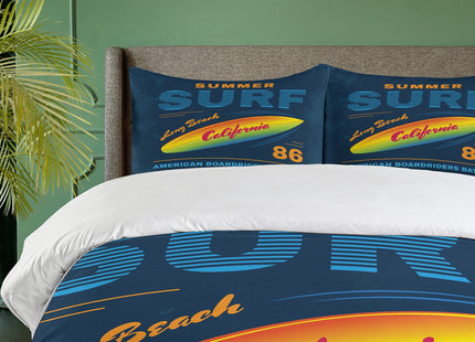 Ambesonne Surf Duvet Cover Set, American Boardriders Long Beach Sun Standing in Ocean Waves Illustration, Decorative 2 Piece Bedding Set with 1 Pillow Sham, Twin Size, Marigold Blue