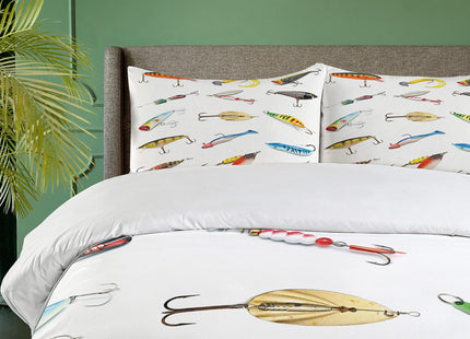 Ambesonne Fishing Duvet Cover Set, Several Fish Hook Equipment Objects Trolling Angling Netting Gathering Activity, Decorative 2 Piece Bedding Set with 1 Pillow Sham, Twin Size, White Gray