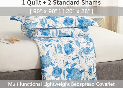 Coastal Beach Quilt Set - Queen Size Ocean Bedding Reversible Quilt Sea Turtle Blue