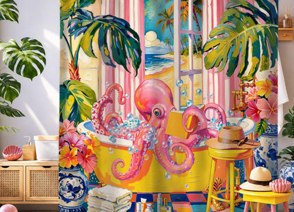 Octopus Coastal Funny Funky Whimsical Boho Bathroom Shower Curtain Set