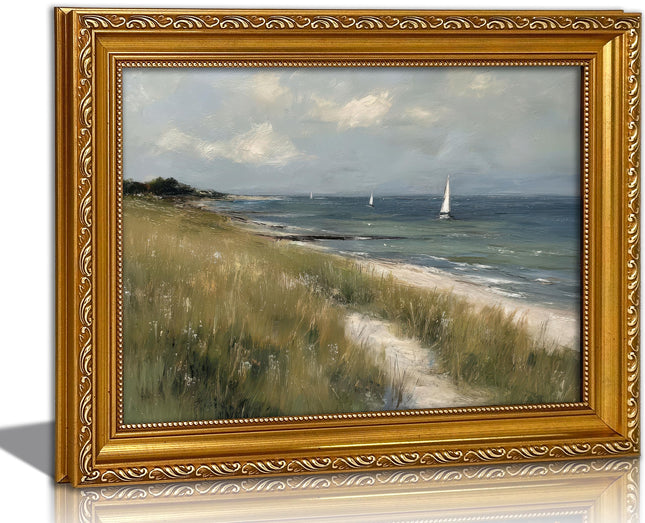 Vintage Gold Framed Coastal Wall Art,Sailboat Ocean Landscape Wall Deco