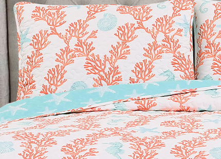 Lush Decor Dina Coral Reversible Cotton Quilt Queen Size 3 Piece Set Full/Queen Blue & Coral - Coastal Bedding Set Queen Quilt Blue - Ocean Décor