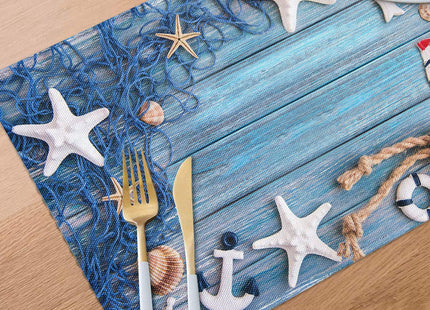 Blue Placemats Set of 4, Summer Nautical Theme Starfish Shell Fishnet Non Slip Heat Resistant Linen Fabric Cloth Place Mats, Washable Holiday Party Dining Table Mats for Coastal Home Kitchen Decor