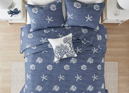 Harbor House Seaside Reversible Cotton Quilt Set Coastal Clam, Starfish, Coral Embroidery, All Season, Pre-Washed Coverlet Bedding Layer, Decorative Pillow, Full/Queen(90"x90") Navy 4 Piece
