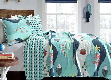 Lush Decor Sea Life Reversible Cotton Quilt Twin Size 3 Piece Set Blue - Kids Bedding Set Twin Quilt Blue - Coastal Bedroom Decor - Beach House