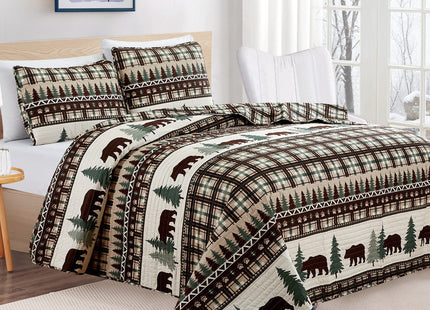 3 Piece Reversible Quilt Set with Shams | All-Season Soft & Lightweight Bedspread | Rustic Lodge Cabin Printed Plaid Design | Cedar Creek Collection (King, Chocolate/Green)