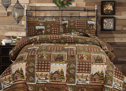 Lodge Bedspread Twin Size, Rustic Cabin Quilt Sets Moose Bear Bedspread Coverlet Patchwork Plaid Bedcover Reversible Wildlife Printed Quilted Bed Set Brown Bed Cover Farmhouse Country Decor (68"x 86")