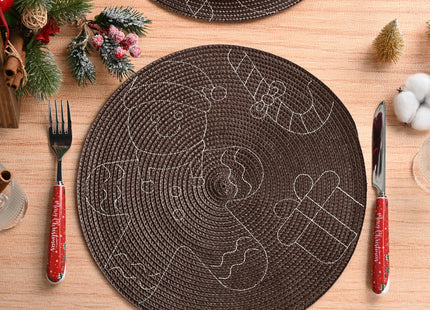 Feuille Round Christmas Placemats Set of 4,13.5 Inch Brown Gingerbread Man Placemats for Round Tables Winter Placemats Perfect for Indoor Christmas Decorations