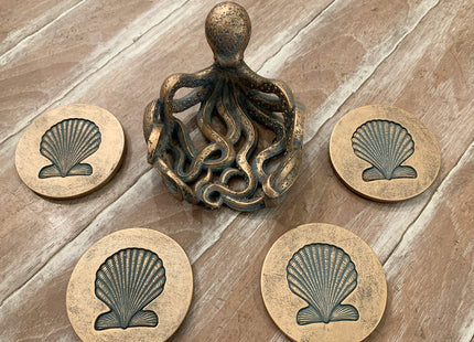 Octopus Coaster Set - Nautical Ocean Beach Sea Shell Coastal Decor - Bronze/Verdigris Finish