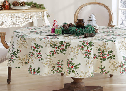 Newbridge Christmas Ivory Golden Holly 60x84” Oval Vinyl Tablecloth