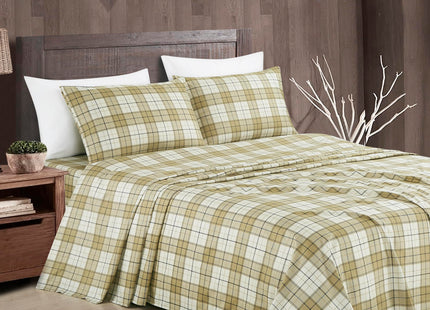 Chezmoi Collection 4-Piece Lodge Plaid Sheet Set Full Size - Tan Beige Blue Plaid Stripe Printed Brushed Microfiber Lightweight Breathable Deep Pocket Bed Sheets