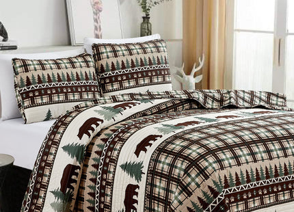 3 Piece Reversible Quilt Set with Shams | All-Season Soft & Lightweight Bedspread | Rustic Lodge Cabin Printed Plaid Design | Cedar Creek Collection (King, Chocolate/Green)