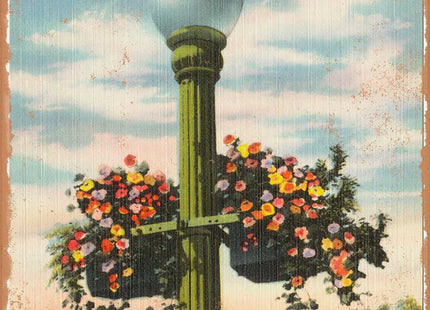 7 x 10 METAL SIGN - Maine Postcard - Flower baskets on the lamp posts at Camden, Maine - Vintage Rusty Look