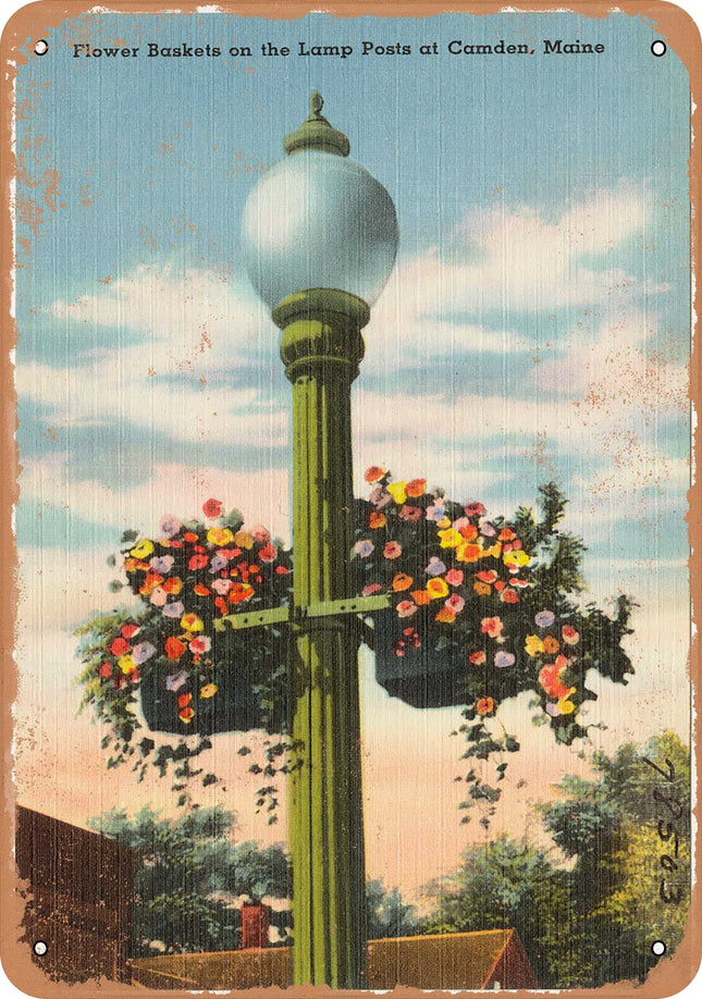 7 x 10 METAL SIGN - Maine Postcard - Flower baskets on the lamp posts at Camden, Maine - Vintage Rusty Look