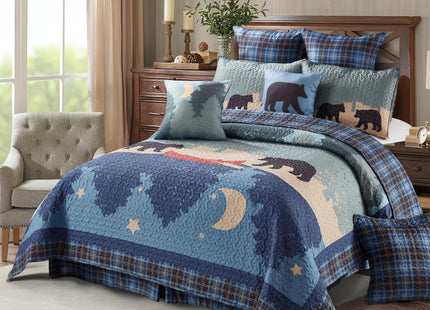 Virah Bella 3-Piece King Evening Stroll Quilt Bedding Set - Rustic Black Bear Canoe Reversible Coverlet with 2 Decorative King Pillow Shams - Lightweight Soft Microfiber Bedspread for Cabin Décor