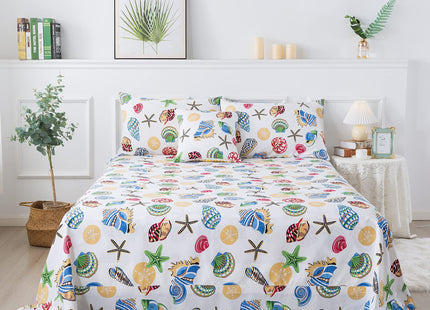 FADFAY Beach Themed Sheets Set Full Vivid Starfish Seashell Conch Nautical Bedding Coastal Ocean Bed Sheet Set 600TC 100% Cotton Super Soft Hypoallergenic Deep Pocket Fitted Sheet, 4Pcs-Full Size