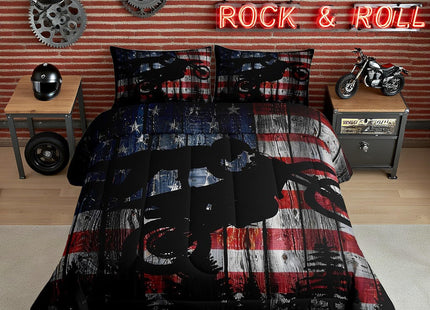 Homewish American Flag Bedding Set Full Size Boys Dirt Bike Racing Motocross Rider Comforter Set Kids Teens Men Rustic Farmhouse Wooden Quilt Set Retro Black Pine Tree Silhouette Duvet Insert 3pcs