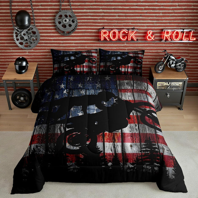 Homewish American Flag Bedding Set Full Size Boys Dirt Bike Racing Motocross Rider Comforter Set Kids Teens Men Rustic Farmhouse Wooden Quilt Set Retro Black Pine Tree Silhouette Duvet Insert 3pcs