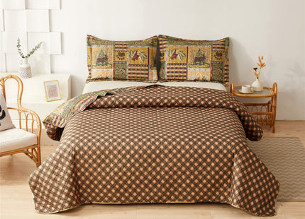 Smuge 3 Piece Moose Bear Cabin Plaid Reversible Quilt Set King,Rustic Home Lodge Quilted Bedspread Coverlet Bedding Set with Wildlife Bears Deer Buck Pine Tree Bear Paw for All Seasons(King,Brown)