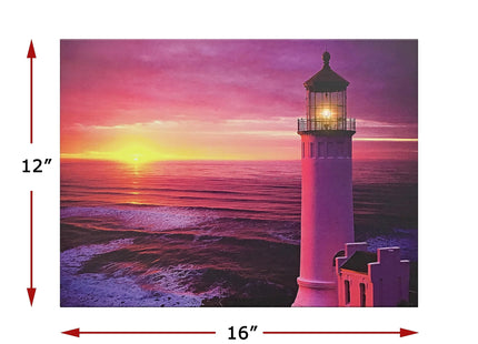 BANBERRY DESIGNS Lighted Lighthouse Canvas Wall Art with LED Lights – Nautical Beach Sunset Ocean Decor – Coastal Lighthouse Picture for Living Room, Bedroom & Bathroom – 16” x 12” – Battery Operated