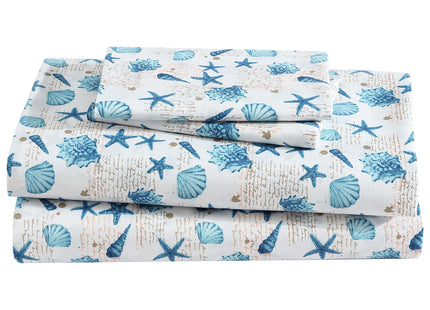 Coastal Print 3 Piece Twin Microfiber Sheet Set, Shell Notes