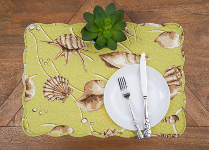 C&F Home Baker Cotton Quilted Reversible Machine Washable Green Seashell Vintage Design Placemat Set of 6 Scalloped Edges Coastal Beach Ocean for Kitchen or Dining Table Rectangular Placemat Set of 6