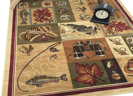 HR Cabin Rug Cabin Area Rug Modern Geometric Design Cabin Area Rug Abstract, Beige/Multicolor Design– Fishing Equipment/Hook/Fish/Duck
