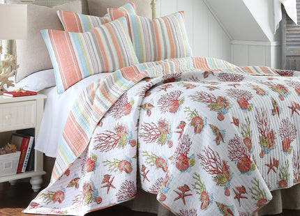 Levtex Home Brighton Coral Twin Cotton Quilt Set Stripe Coastal