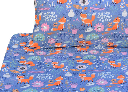 J-pinno Fox Birds Play in Flowers Bloom Tree Forest Twin 100% Cotton 3 Pieces Sheet Set for Kids Girls Children,Flat Sheet + Fitted Sheet + Pillowcase Bedding Decoration Gift Set