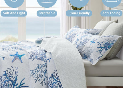 weesire Nautical Twin Quilt Set, Coastal Starfish Bedding, 2 Piece, 68"x86"