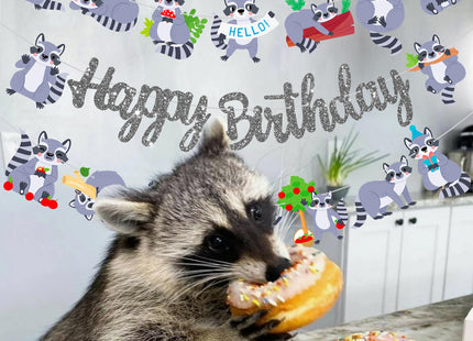 Raccoon Happy Birthday Banners Silver Woodland Party Decoration Themed Cutout for Lover Birthday Woodland Animal Baby Shower Supplies