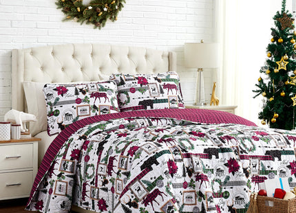 Southshore Fine Living, Inc. Twin Size Christmas Quilt with Matching Pillow Sham, Holiday Bedding Set, Twin/Twin XL Holiday Quilt Set, Reversible Red Plaid Quilt Over Rustic Cabin Print