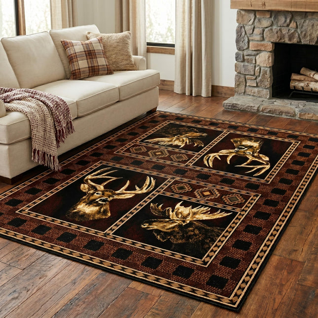 Deer Rug for Cabin Home 5x8 ft Rustic Wildlife Hunting Lodge Decor Rugs, Woodland Forest Animal Carpet for Living Room, Bedroom, Cabin, Lodge & Man Cave