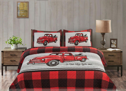 Virah Bella 3 Piece King Cabin Quilt Bedding Set - Farm Life - Red & Black Plaid - Rustic Country Reversible Patchwork Comforter Set with Decorative Pillow Shams